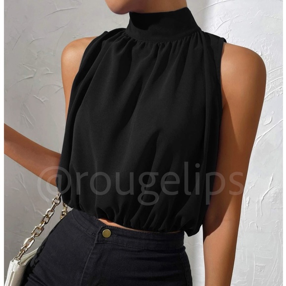 Rouge! Tops - Black Crop Tulip Top High Neck Ties